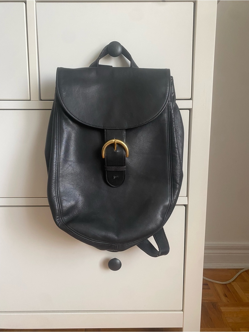 VINTAGE COACH Black Leather Backpack with Gold Buckle